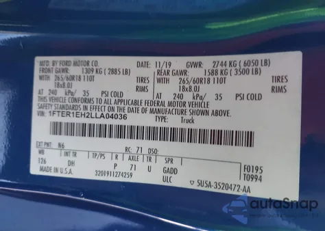 2020 Ford Ranger Lariat z USA, uszkodzony, nr VIN 1FTER1EH2LLA04036